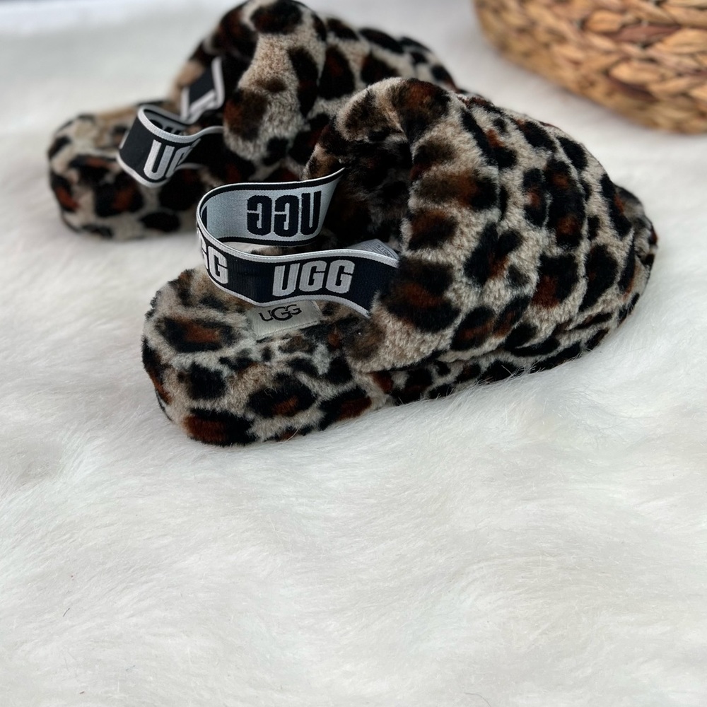UGG Fluff Yeah Genuine Sherling Slingback Sandal Tan & Black Cheetah Print